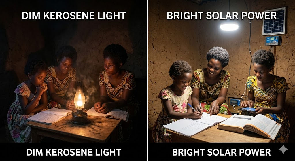 Before and after comparison: Left side shows a dark room lit only by kerosene lamp; right side shows the same space brightly illuminated by clean solar power, with family members studying and working comfortably