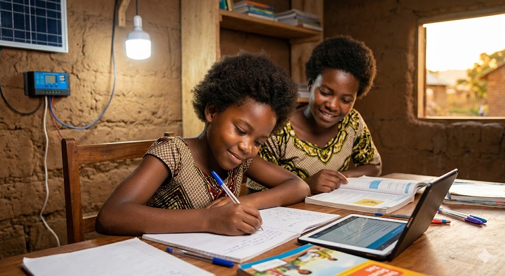 Young students studying and reading at a table under bright, clean solar-powered lighting in rural Uganda, demonstrating improved educational outcomes from solar energy access
