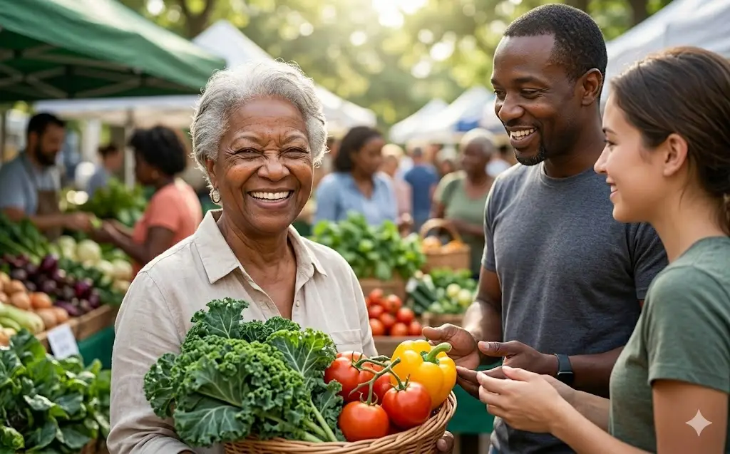 A smiling older woman holding a basket overflowing with fresh kale, tomatoes, and bell peppers while talking to a young couple at an outdoor community farmers' market.