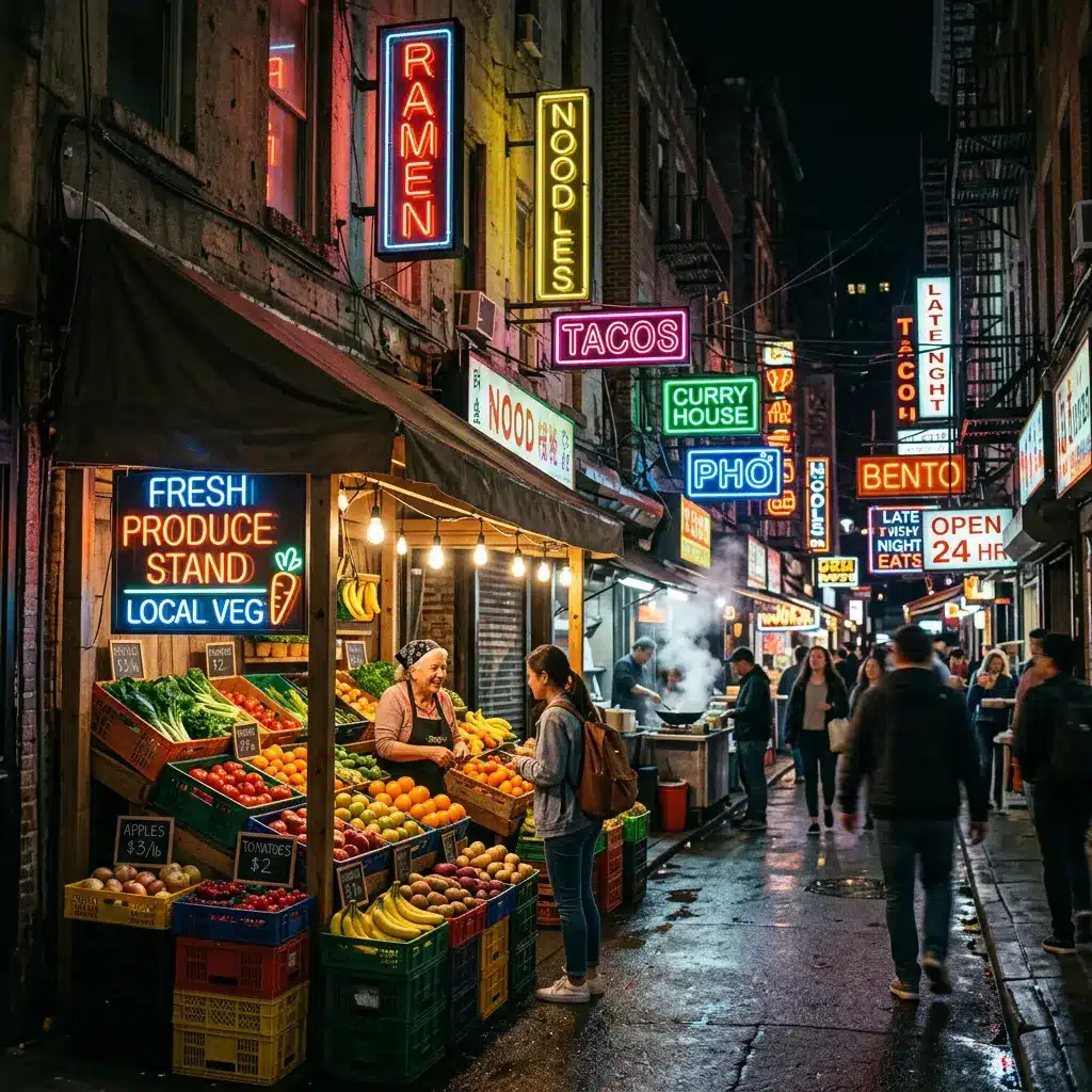Night market street with neon signs for ramen, noodles, tacos, curry, pho, and a fresh produce stand with fruits and vegetables