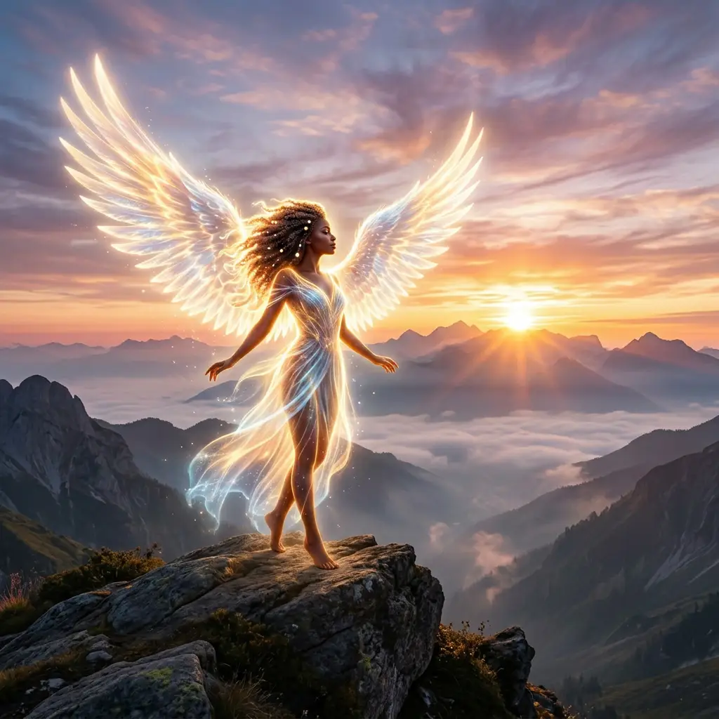 A Black angel with natural curls and radiant outstretched wings stands open-armed on a mountain summit at sunrise, representing the Afro-diasporic celestial wisdom at the heart of Ubuntu Village's angelology series.