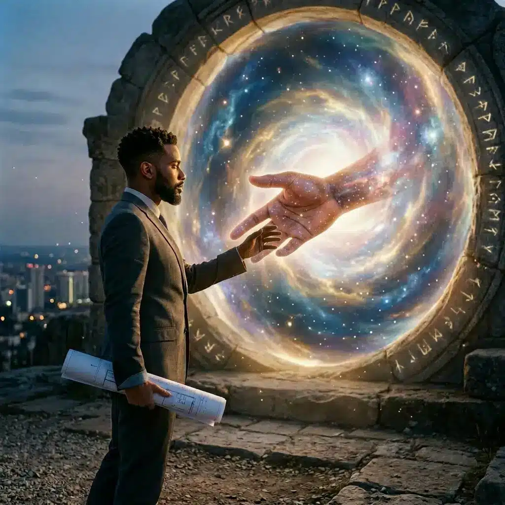A Black professional man with natural hair reaches toward a divine hand emerging from a starlit stone portal, representing Angel Anauel's guidance over ethical business and honest prosperity.