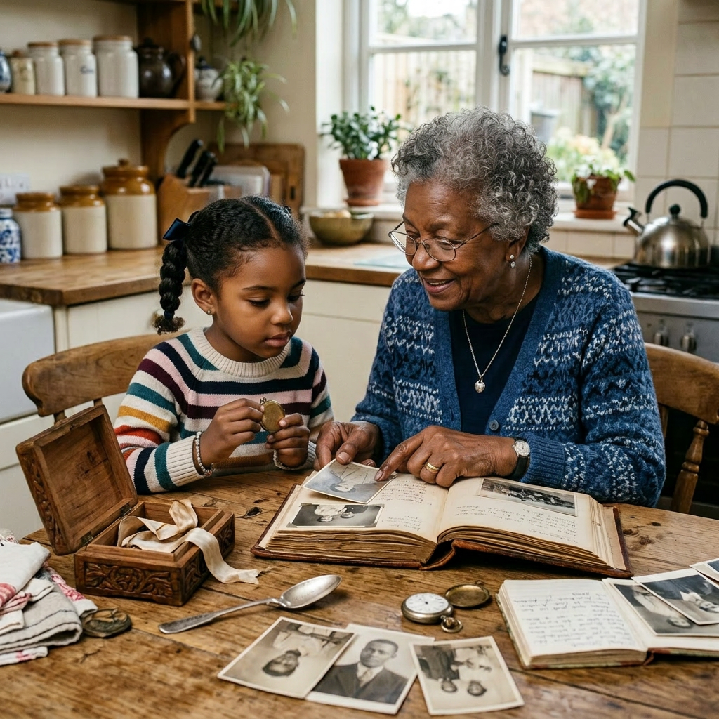 An African American grandmother with silver natural hair gestures expressively at a kitchen table as her teenage granddaughter leans forward pen in hand. Old photographs and handwritten letters rest between them — a living transmission of ancestral wisdom, family memory, and Afro-diasporic storytelling tradition. | Ubuntu Village