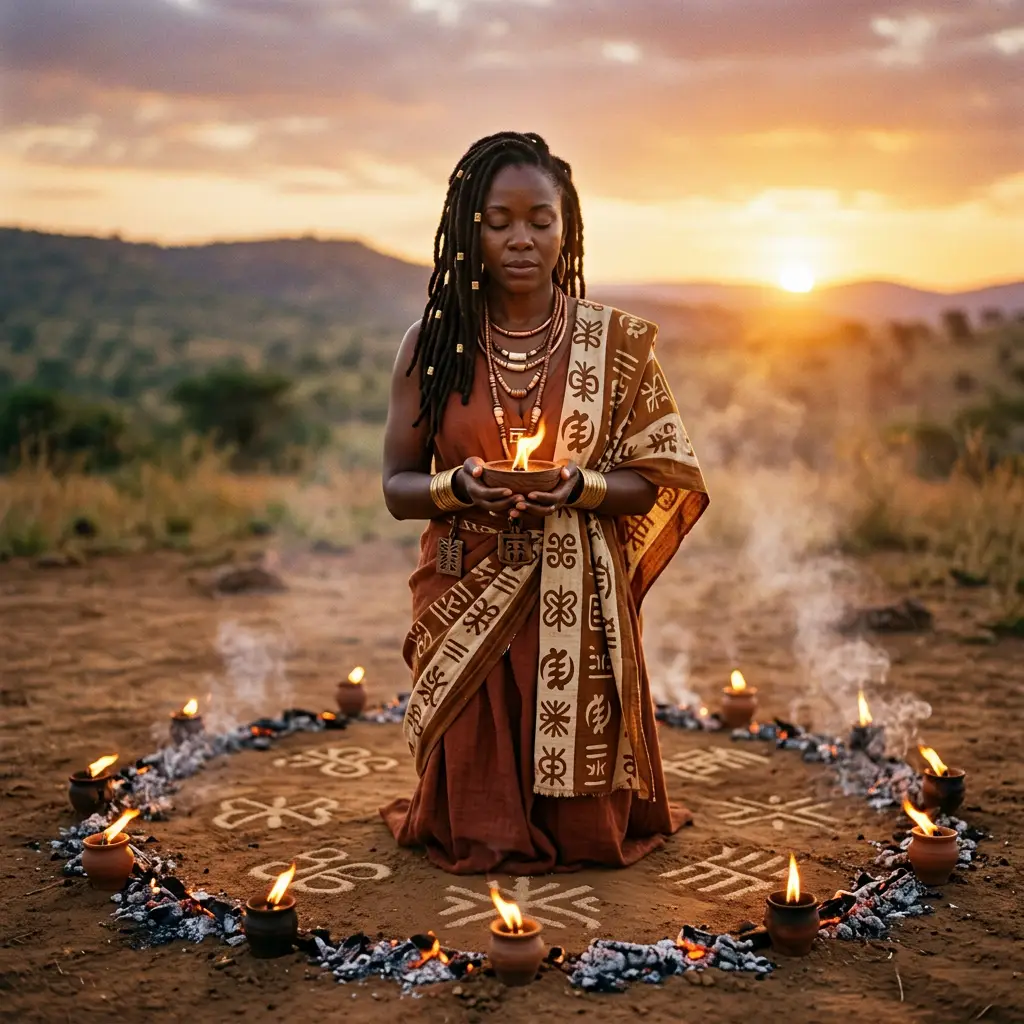 Ebony‑skinned Black woman with Afro‑textured hair holding a flame, surrounded by glowing Adinkra and cowrie‑inspired symbols during Beltane.