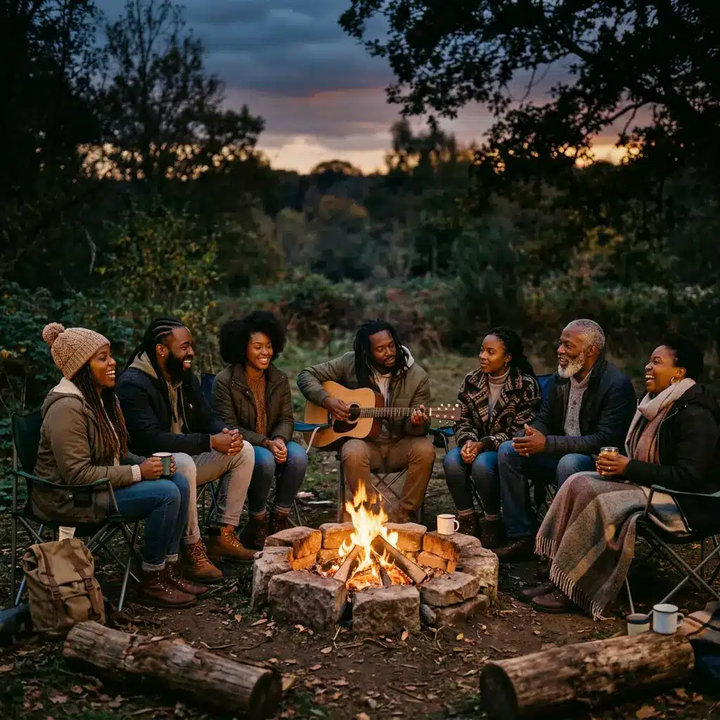 A circle of dark‑skinned Black women and men with natural hair gathered around a glowing Beltane fire at dusk, raising their hands in unity and blessing.