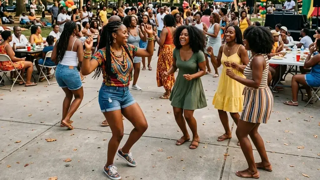 Black women of multiple generations dancing joyfully together outdoors in warm afternoon light, natural hair, and flowing earth-toned fabrics, embodying communal resilience and inherited joy.