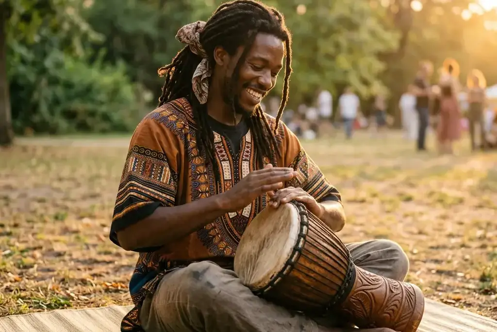 A Black man with locs plays a djembe drum outdoors, surrounded by a circle of smiling community members who clap and sway in warm golden-hour light, with children watching nearby.