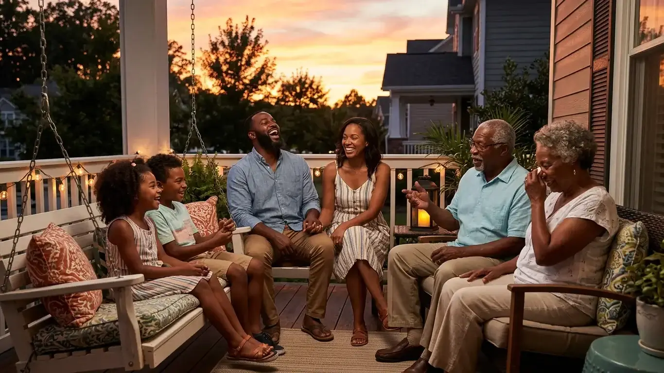 A Black grandmother, mother, and two children sit on porch steps at sunset, laughing together in warm amber light, with natural hair and colorful clothing, embodying intergenerational joy and belonging.