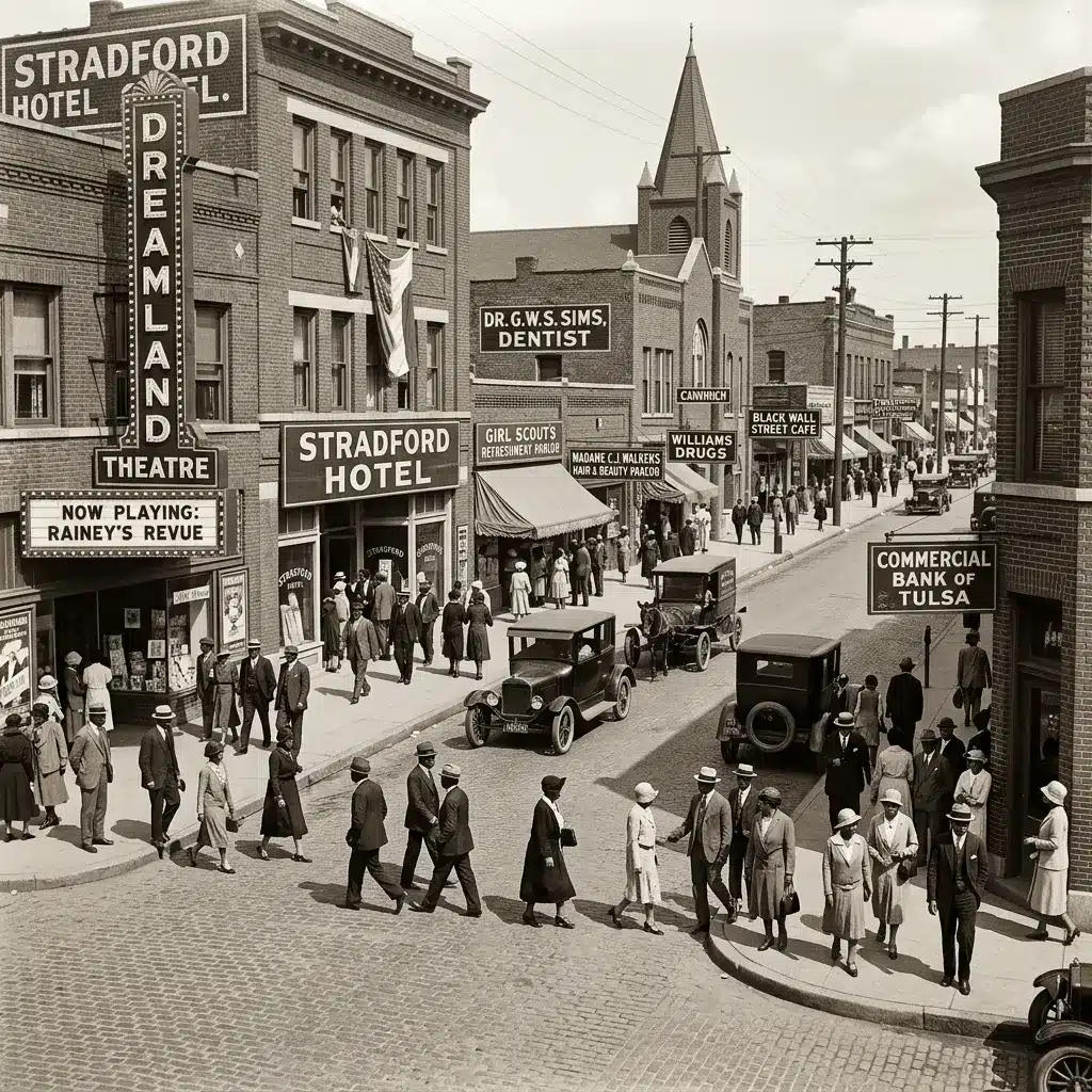 A vibrant illustration of Greenwood's Black Wall Street in 1921—busy streets lined with Black-owned businesses, people moving with purpose and pride, warm golden light over a thriving community before the massacre.