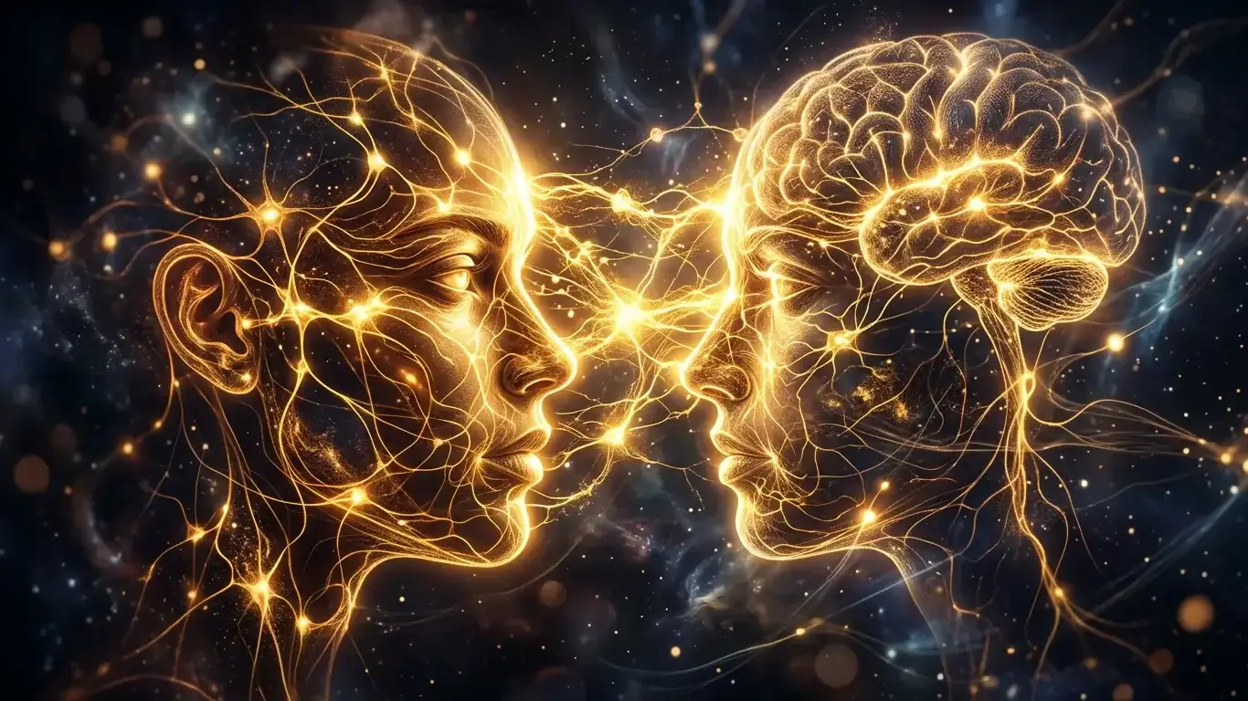 Abstract visualization of neural pathways lighting up between two faces in connection