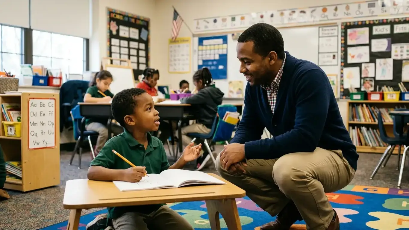 A Black teacher kneeling beside a student's desk, fully present and attentive as the child speaks