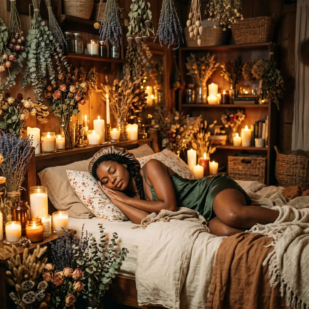 A Black woman in her late thirties lies in deep peaceful sleep, surrounded by warm candlelight and dried botanicals, her expression serene, the atmosphere suggesting ancestral presence and spiritual rest