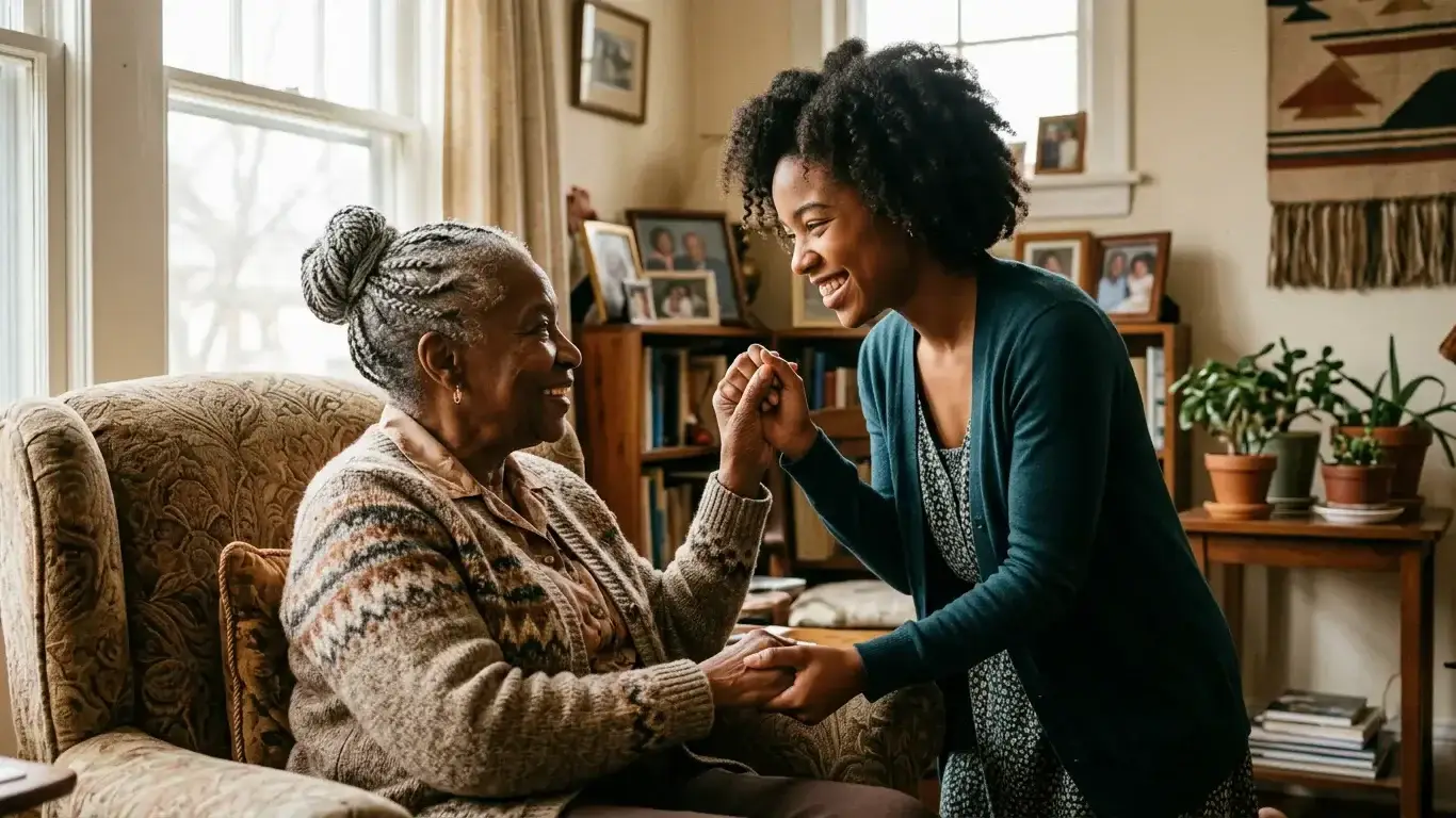 An elder Black woman sits beside a young Black woman, their hands intertwined, both gazing gently forward—a portrait of ancestral wisdom, intergenerational love, and the sacred act of becoming seen.