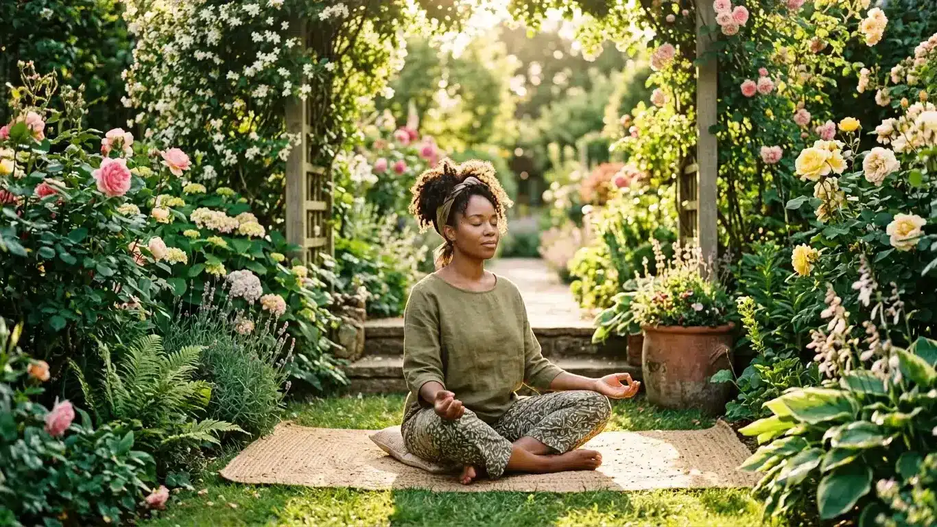 A Black woman sits in a peaceful outdoor space, eyes closed, hands resting open on her knees in a posture of breathwork and somatic release—surrounded by lush green plants and warm natural light.