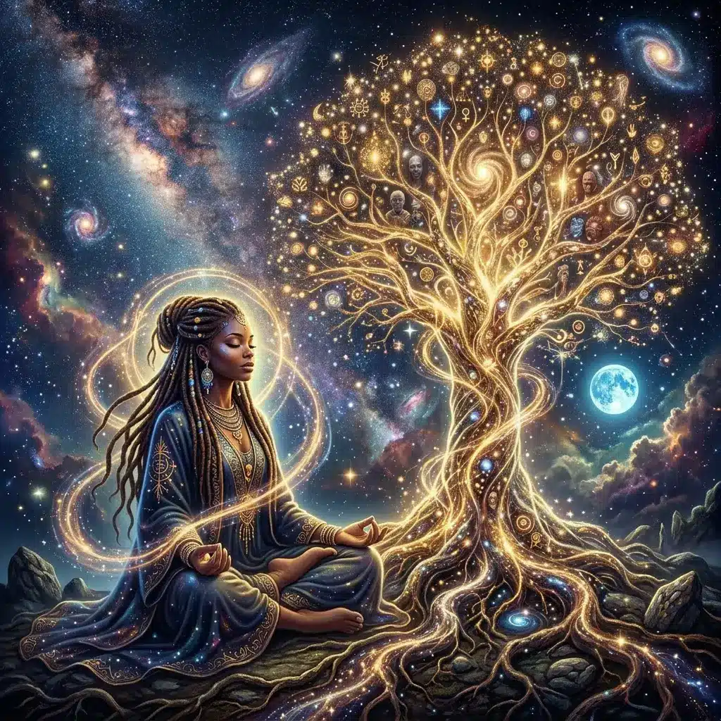 A Black woman with locs meditates as golden threads of light rise from her mind and connect to ancestral figures in the distance, symbolizing the collective origin of thought.