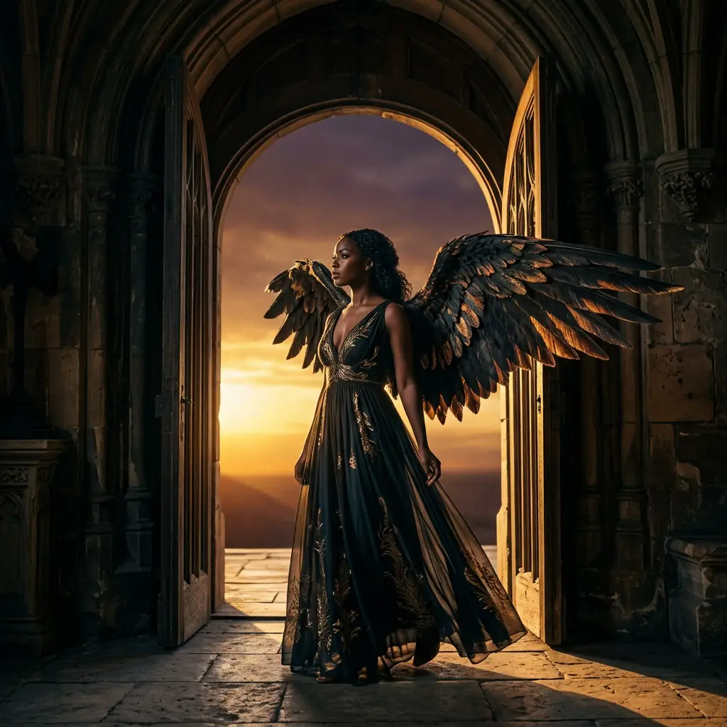 Angel Yabamiah is depicted as a Black angel with locs standing at a luminous threshold, representing divine transformation, new beginnings, and the sacred passage between endings and becoming.