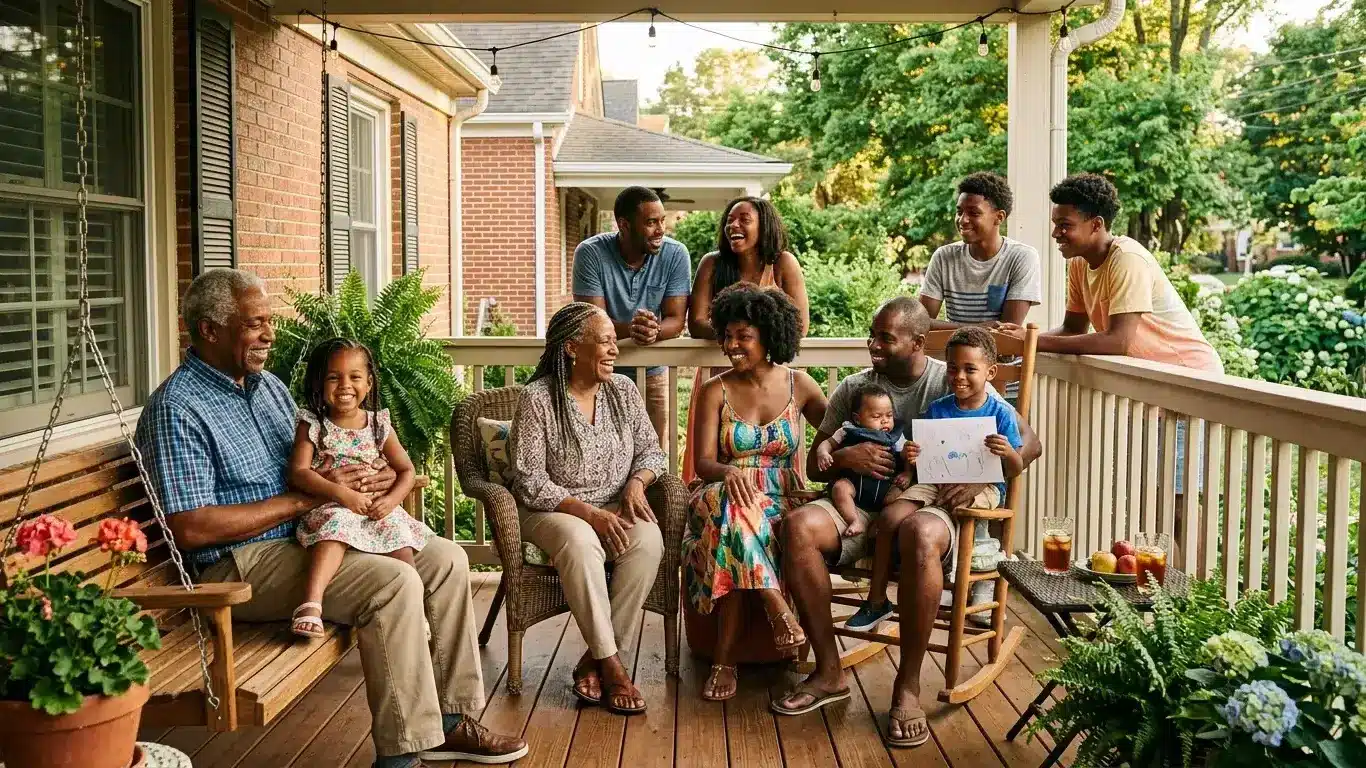 A multigenerational Black family gathers joyfully—generational health begins with generational wealth.