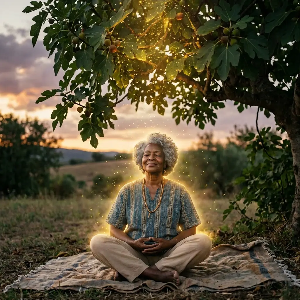A Black elder woman meditating beneath a sacred fig tree, with golden light radiating outward to represent ancestral consciousness as a field beyond the body