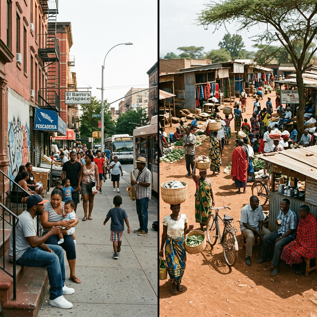A warm split scene showing community life in East Harlem and East Africa, representing Ubuntu Village's four program geographies