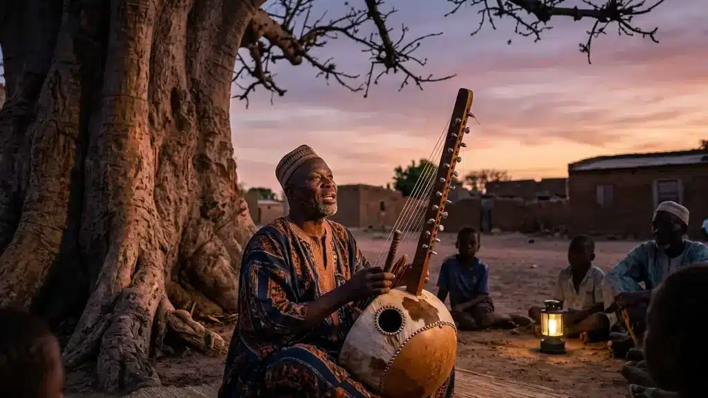 West African griot elder in gold and indigo robes plays a kora beneath an ancient baobab tree at sunset, embodying the ancestral wisdom and oral tradition that has carried Yoruba culture and African storytelling across generations. Ancestral creative inspiration. | Ubuntu Village