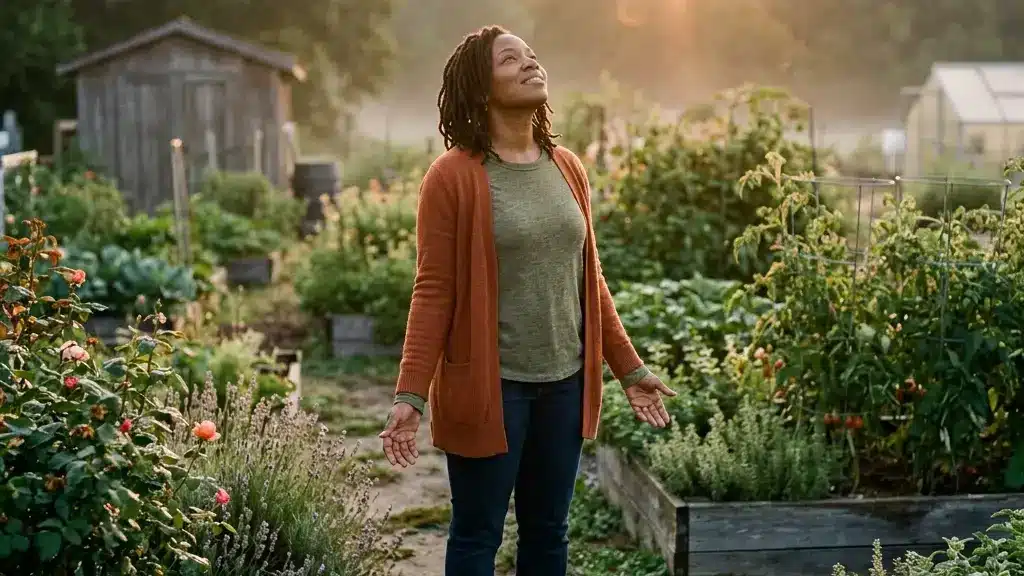 An African American woman with a full natural afro stands barefoot in a lush medicinal garden at dawn, arms open and palms facing upward toward the rising sun, reflecting the ancestral wisdom of African healing traditions and the sacred relationship between the human body, plant medicine, and creative inspiration. | Ubuntu Village