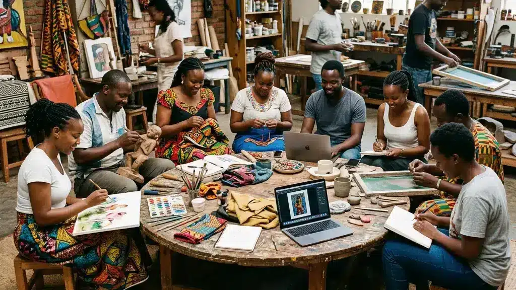 A circle of African and African American creatives of various ages — a painter, poet, drummer, elder with locs, and a young child — gather in a warmly lit studio each absorbed in making, embodying Ubuntu philosophy, Yoruba cultural tradition, and the ancestral wisdom that creativity belongs to the community. | Ubuntu Village